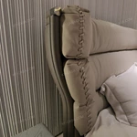 Warm Taupe Upholstered Bed with Tiered Headboard, Lacing Detail & Stainless Steel Accents